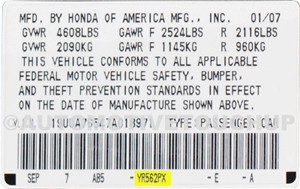 Honda automotive paint code example